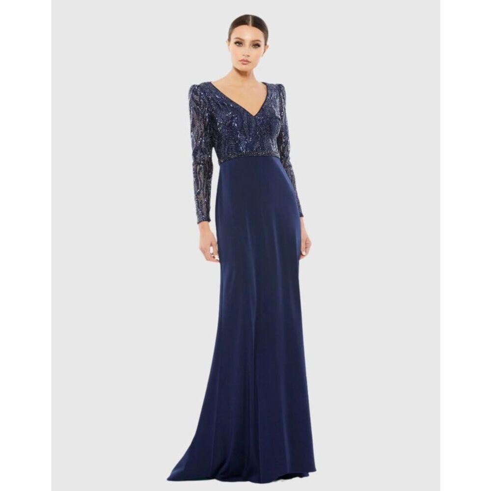 Mac Duggal Embellished Navy Blue Long Sleeve V-Neck Bodice Column Gown Sz 4
